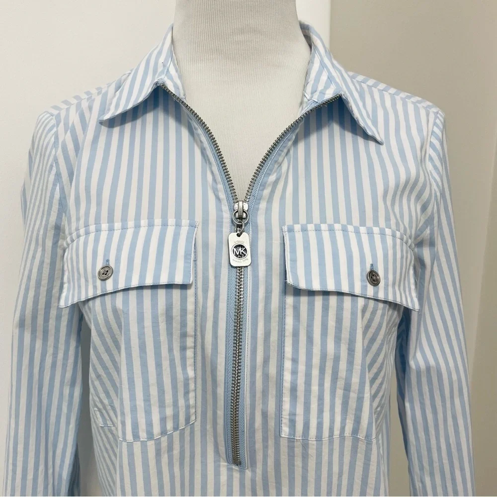 Michael Kors Light Blue and White Striped Half Zip-Up Tunic Blouse Size M